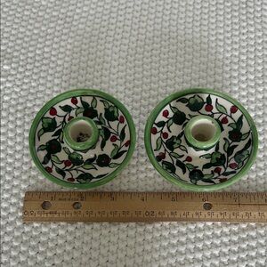 Vintage Jerusalem Hand Painted Candle Holders Green and Red Holly Pattern
